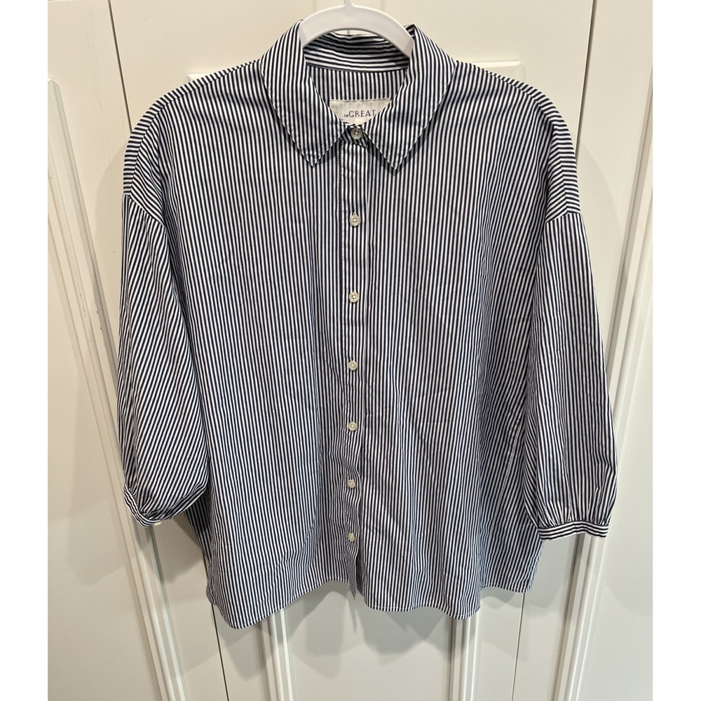 The Great. Blue & White Pinstripe Button Down Shirt Size 1 Oversized Boxy Fit